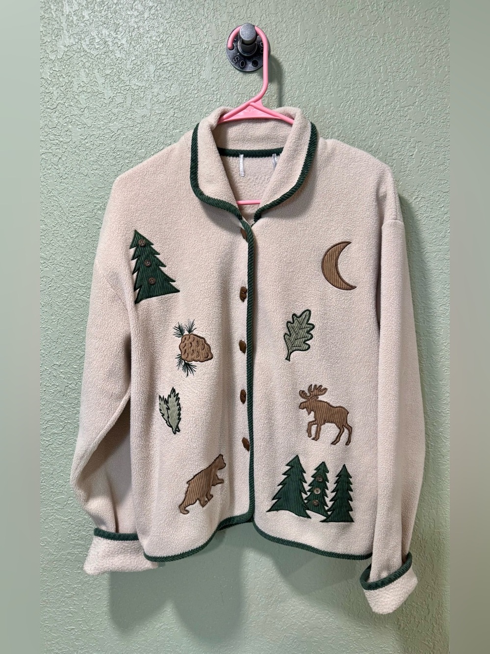 Cream Fleece Jacket with Moose & Trees Medium